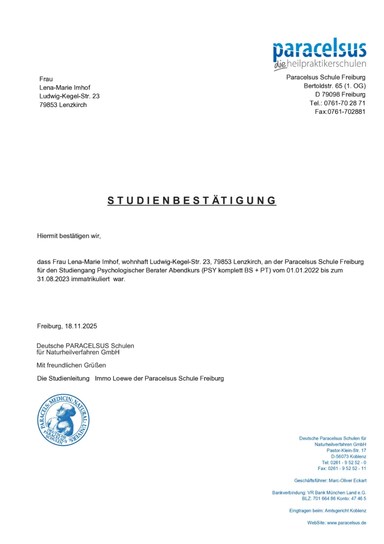 Studienbestätigung der Paracelsus Schule für Lena-Marie Imhof, bestätigt psychologische Beraterausbildung.