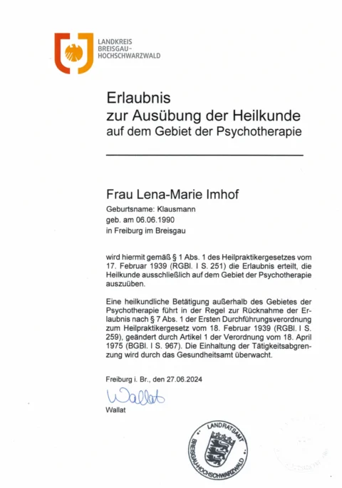 Erlaubnis zur Ausübung der Heilkunde im Bereich Psychotherapie von Frau Lena-Marie Imhof in Freiburg.