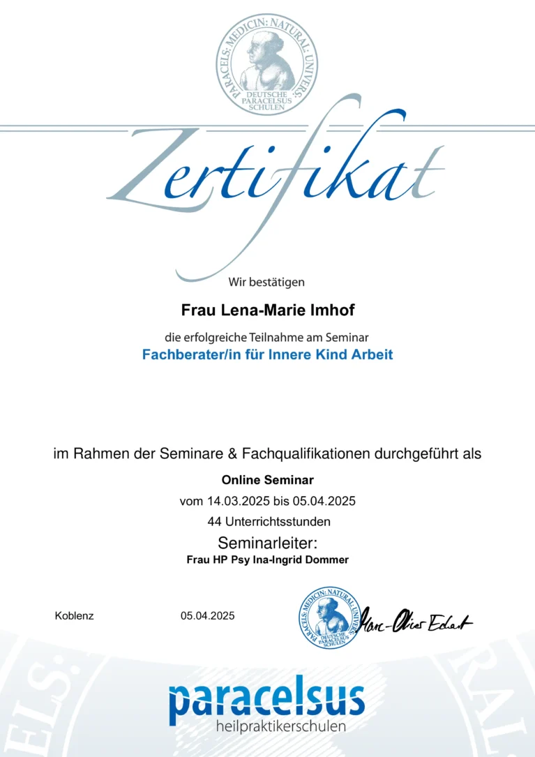 Zertifikat für die Teilnahme am Seminar zur Inneren Kind Arbeit bei Paracelsus Heilpraktikerschulen.