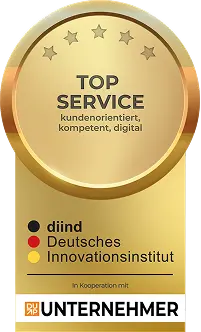 Eine goldene Auszeichnung für Top Service, verliehen vom Deutschen Innovationsinstitut.