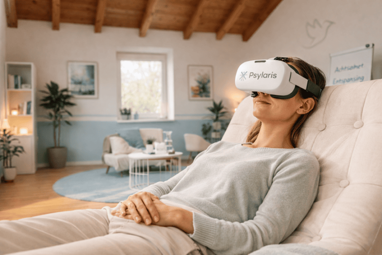 Person entspannt mit VR-Brille in einem gemütlichen Therapie-Raum.