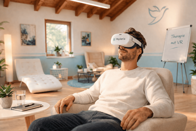 Ein Mann sitzt entspannt in einem hellen Raum mit VR-Brille, während im Hintergrund „Therapie mit VR“ steht.