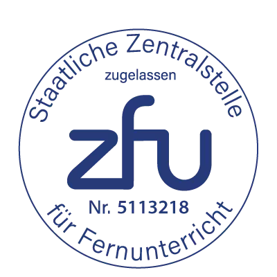 Stempel der staatlichen Zentralstelle für Fernunterricht mit Nummer, blau auf transparentem Hintergrund.