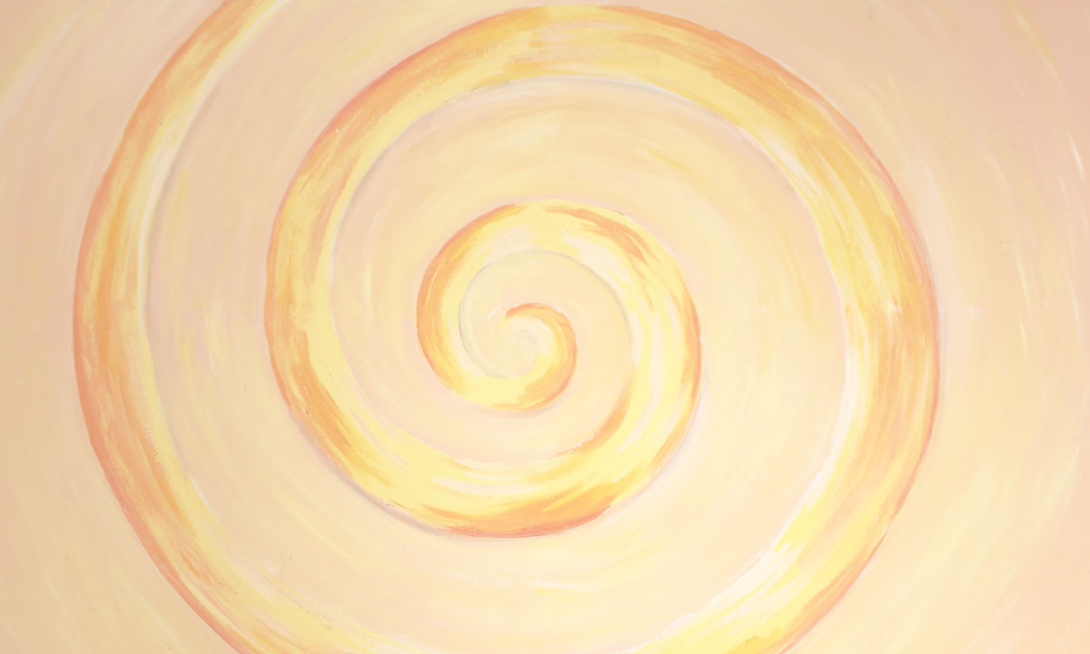 Gelbe Spirale auf beigem Hintergrund, beruhigende Farben, symbolisch für innere Ruhe und Therapie.